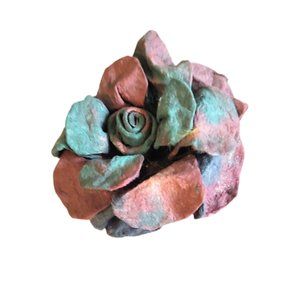 1990s Large Vintage Artisan Realistic Formed Paper Flower Pin In Blue And Rust